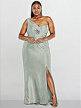 Alt View 1 Thumbnail - Willow Green Draped One-Shoulder Satin Trumpet Gown with Front Slit