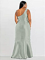 Alt View 2 Thumbnail - Willow Green Draped One-Shoulder Satin Trumpet Gown with Front Slit