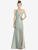 Front View Thumbnail - Willow Green Draped One-Shoulder Satin Trumpet Gown with Front Slit