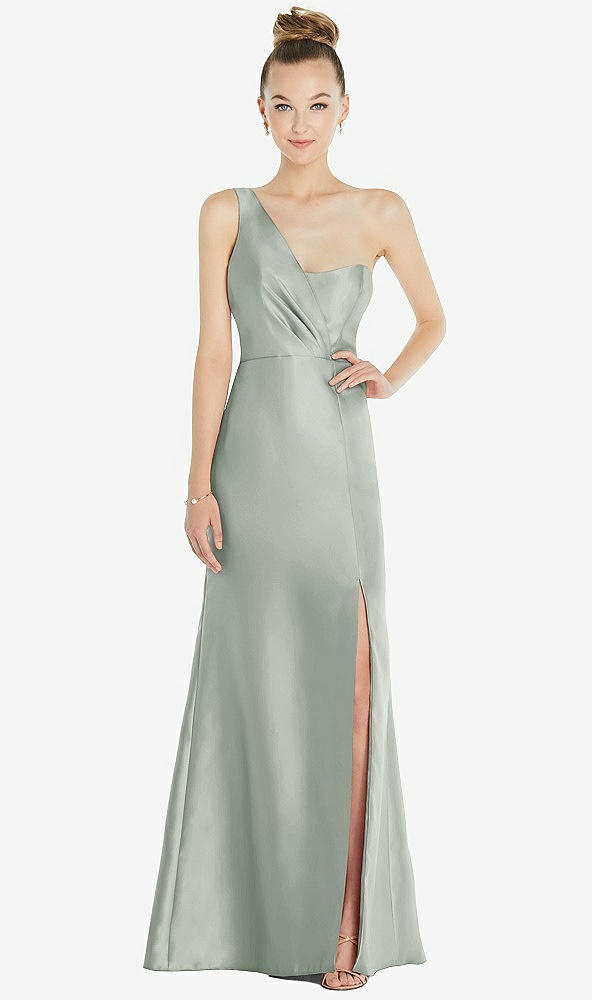 Front View - Willow Green Draped One-Shoulder Satin Trumpet Gown with Front Slit