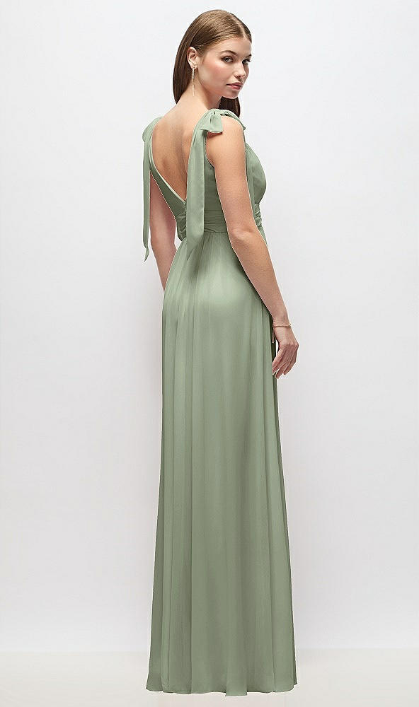 Back View - Sage Plunge Neckline Bow Shoulder Empire Waist Chiffon Maxi Dress