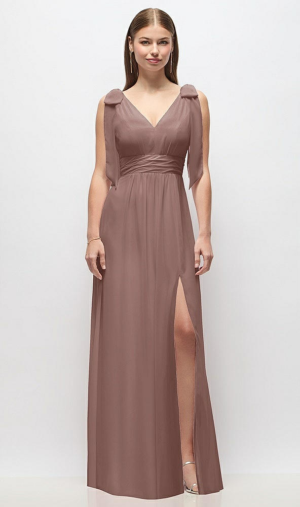 Front View - Sienna Plunge Neckline Bow Shoulder Empire Waist Chiffon Maxi Dress