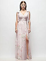 Front View Thumbnail - Watercolor Print Plunge Neckline Bow Shoulder Empire Waist Chiffon Maxi Dress