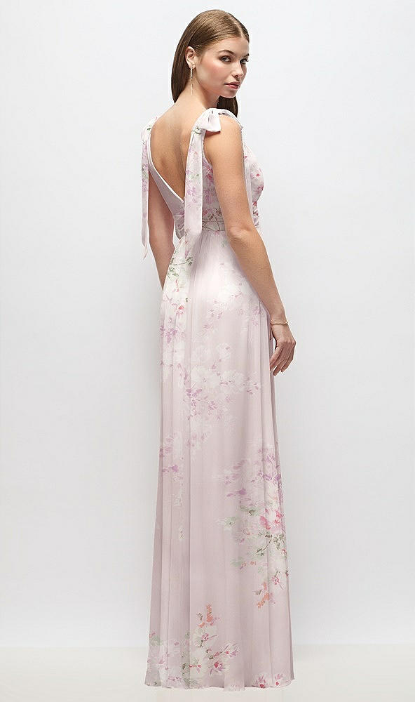 Back View - Watercolor Print Plunge Neckline Bow Shoulder Empire Waist Chiffon Maxi Dress