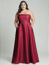 Alt View 1 Thumbnail - Burgundy Strapless Bias Cuff Bodice Satin Gown with Pockets