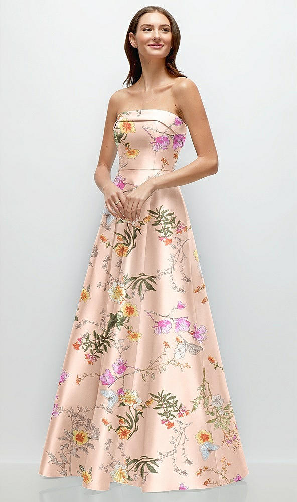 Front View - Butterfly Botanica Pink Sand Strapless Bias Cuff Bodice Floral Satin Gown with Pockets