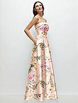 Side View Thumbnail - Butterfly Botanica Pink Sand Strapless Bias Cuff Bodice Floral Satin Gown with Pockets