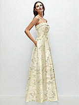Side View Thumbnail - Butter Yellow Floral Strapless Bias Cuff Bodice Floral Satin Gown with Pockets