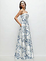 Side View Thumbnail - Cottage Rose Larkspur Strapless Bias Cuff Bodice Floral Satin Gown with Pockets