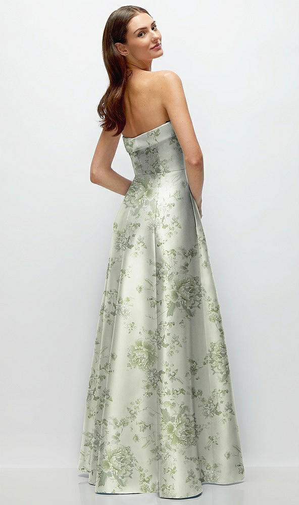 Back View - Sage Cottage Rose Strapless Bias Cuff Bodice Floral Satin Gown with Pockets