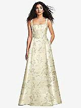 Front View Thumbnail - Butter Yellow Floral Boned Corset Closed-Back Floral Satin Gown with Full Skirt