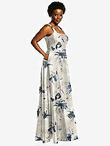 Alt View 2 Thumbnail - Inkwash Blue Floral Boned Corset Closed-Back Floral Satin Gown with Full Skirt