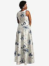 Alt View 3 Thumbnail - Inkwash Blue Floral Boned Corset Closed-Back Floral Satin Gown with Full Skirt