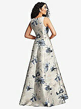Rear View Thumbnail - Inkwash Blue Floral Boned Corset Closed-Back Floral Satin Gown with Full Skirt