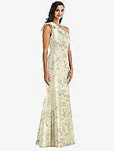 Alt View 2 Thumbnail - Butter Yellow Floral Bow One-Shoulder Floral Satin Trumpet Gown