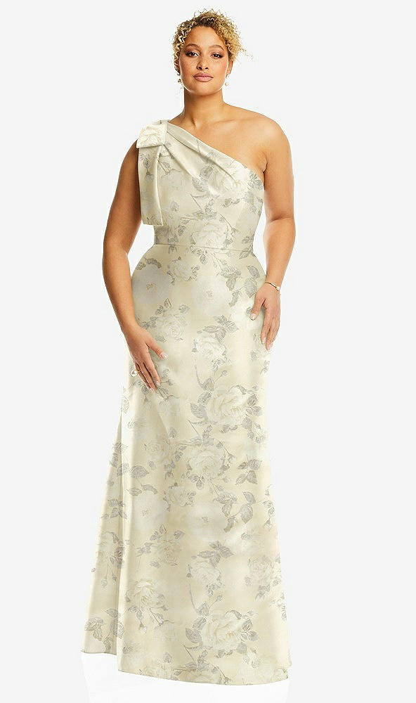 Front View - Butter Yellow Floral Bow One-Shoulder Floral Satin Trumpet Gown