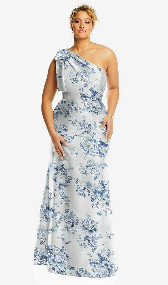 Front View - Cottage Rose Larkspur Bow One-Shoulder Floral Satin Trumpet Gown