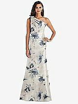 Alt View 1 Thumbnail - Inkwash Blue Floral Bow One-Shoulder Floral Satin Trumpet Gown