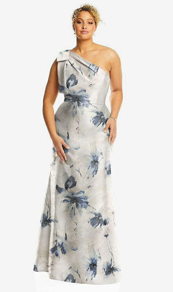 Front View - Inkwash Blue Floral Bow One-Shoulder Floral Satin Trumpet Gown