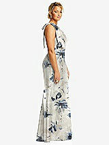 Side View Thumbnail - Inkwash Blue Floral Bow One-Shoulder Floral Satin Trumpet Gown