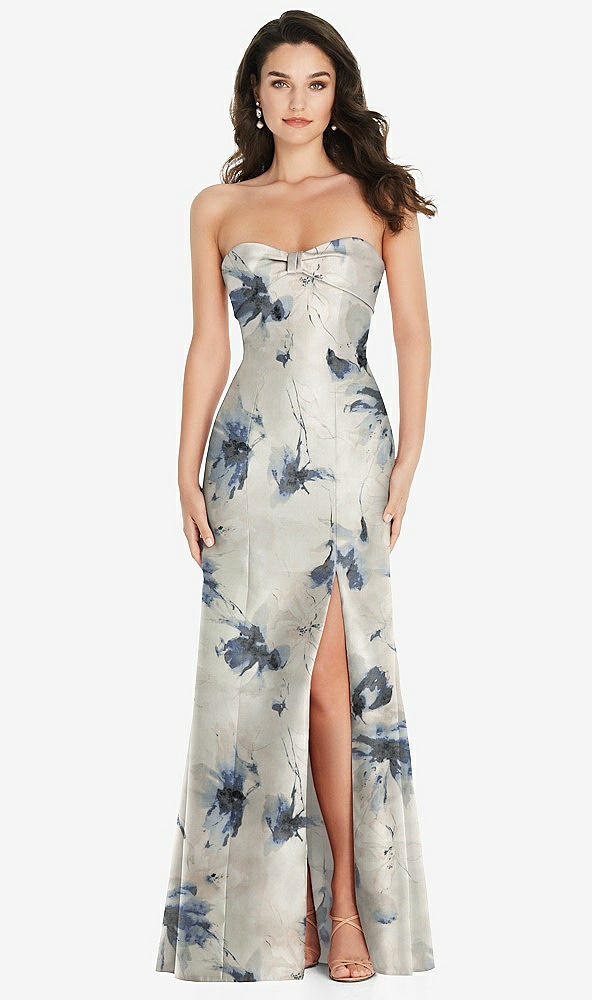 Front View - Inkwash Blue Floral Bow Cuff Strapless Floral Princess Waist Trumpet Gown