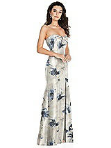 Side View Thumbnail - Inkwash Blue Floral Bow Cuff Strapless Floral Princess Waist Trumpet Gown