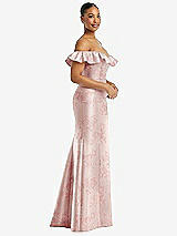 Side View Thumbnail - Bow And Blossom Print Off-the-Shoulder Ruffle Neck Floral Satin Trumpet Gown