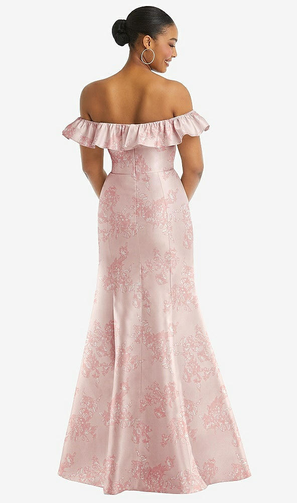 Back View - Bow And Blossom Print Off-the-Shoulder Ruffle Neck Floral Satin Trumpet Gown