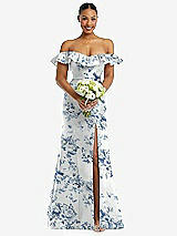 Alt View 2 Thumbnail - Cottage Rose Larkspur Off-the-Shoulder Ruffle Neck Floral Satin Trumpet Gown