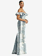 Side View Thumbnail - Porcelain Blue Seraphina Floral Off-the-Shoulder Ruffle Neck Floral Satin Trumpet Gown