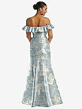 Rear View Thumbnail - Porcelain Blue Seraphina Floral Off-the-Shoulder Ruffle Neck Floral Satin Trumpet Gown