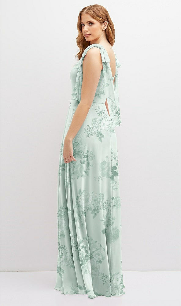 Back View - Mint Green Floral Bow Shoulder Square Neck Chiffon Maxi Dress
