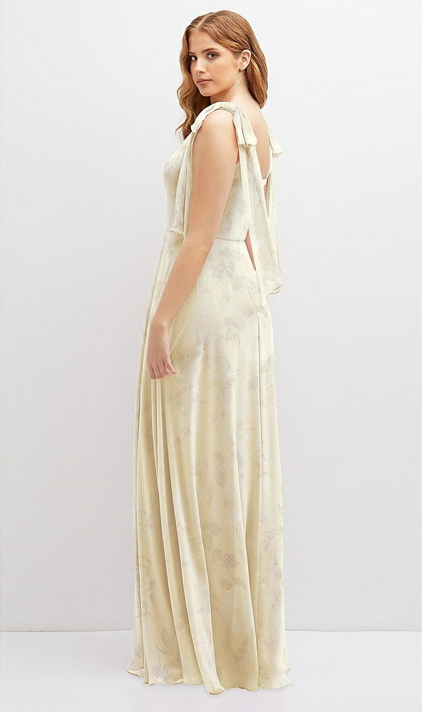 Back View - Butter Yellow Floral Bow Shoulder Square Neck Chiffon Maxi Dress