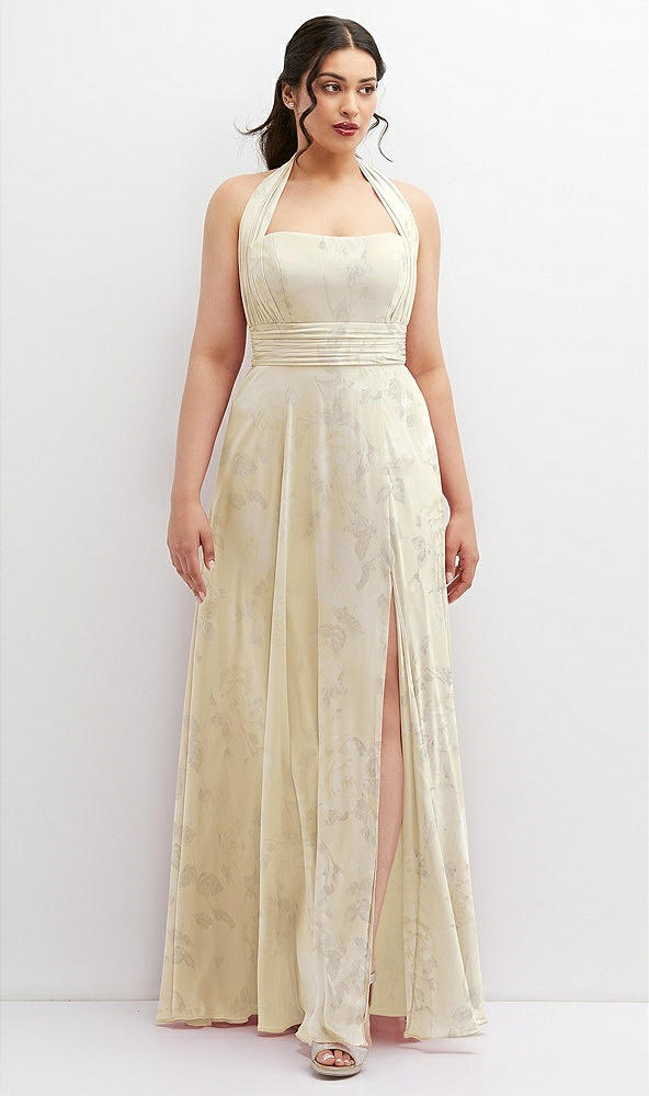 Front View - Butter Yellow Floral Chiffon Convertible Maxi Dress with Multi-Way Tie Straps