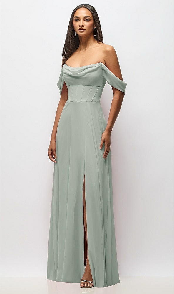 Front View - Willow Green Chiffon Corset Maxi Dress with Removable Off-the-Shoulder Swags