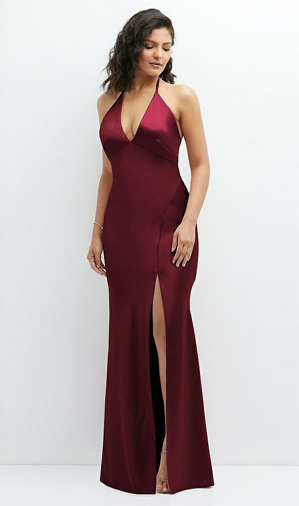 Front View - Cabernet Plunge Halter Open-Back Maxi Bias Dress with Low Tie Back