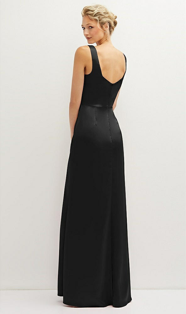 Back View - Black Square-Neck Satin A-line Maxi Dress with Front Slit