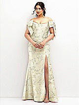 Front View Thumbnail - Butter Yellow Floral Off-the-Shoulder Bow Floral Satin Corset Dress with Fit and Flare Skirt