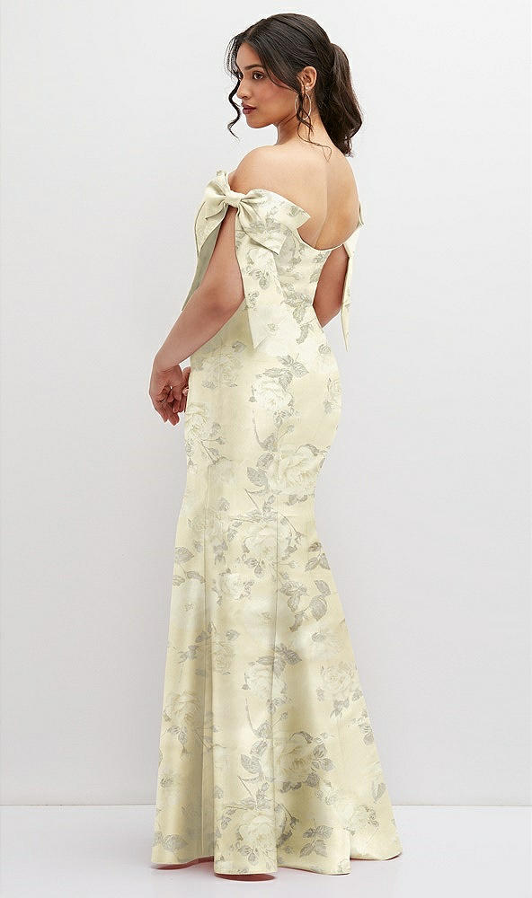 Back View - Butter Yellow Floral Off-the-Shoulder Bow Floral Satin Corset Dress with Fit and Flare Skirt