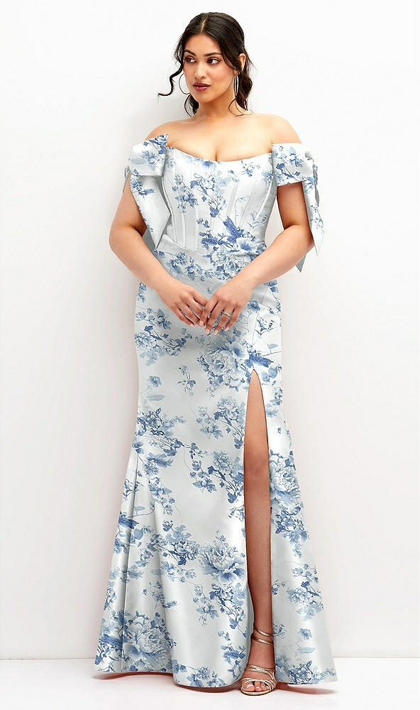 Front View - Cottage Rose Larkspur Off-the-Shoulder Bow Floral Satin Corset Dress with Fit and Flare Skirt