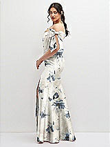 Side View Thumbnail - Inkwash Blue Floral Off-the-Shoulder Bow Floral Satin Corset Dress with Fit and Flare Skirt