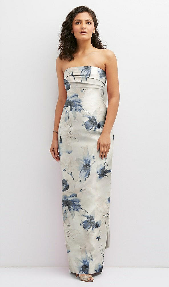 Front View - Inkwash Blue Floral Floral Strapless Draped Bodice Column Dress with Oversized Bow