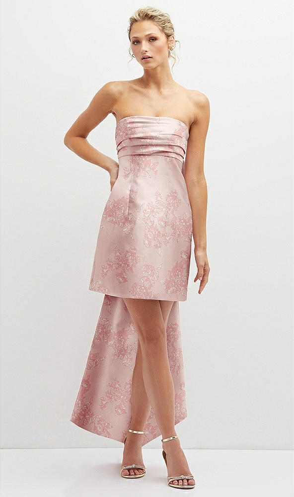 Front View - Bow And Blossom Print Floral Strapless Satin Column Mini Dress with Oversized Bow