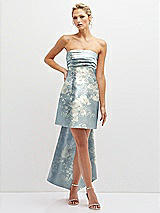 Front View Thumbnail - Porcelain Blue Seraphina Floral Floral Strapless Satin Column Mini Dress with Oversized Bow