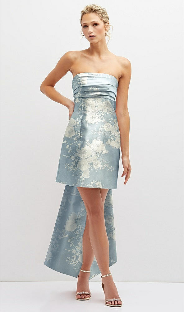 Front View - Porcelain Blue Seraphina Floral Floral Strapless Satin Column Mini Dress with Oversized Bow