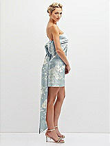 Side View Thumbnail - Porcelain Blue Seraphina Floral Floral Strapless Satin Column Mini Dress with Oversized Bow