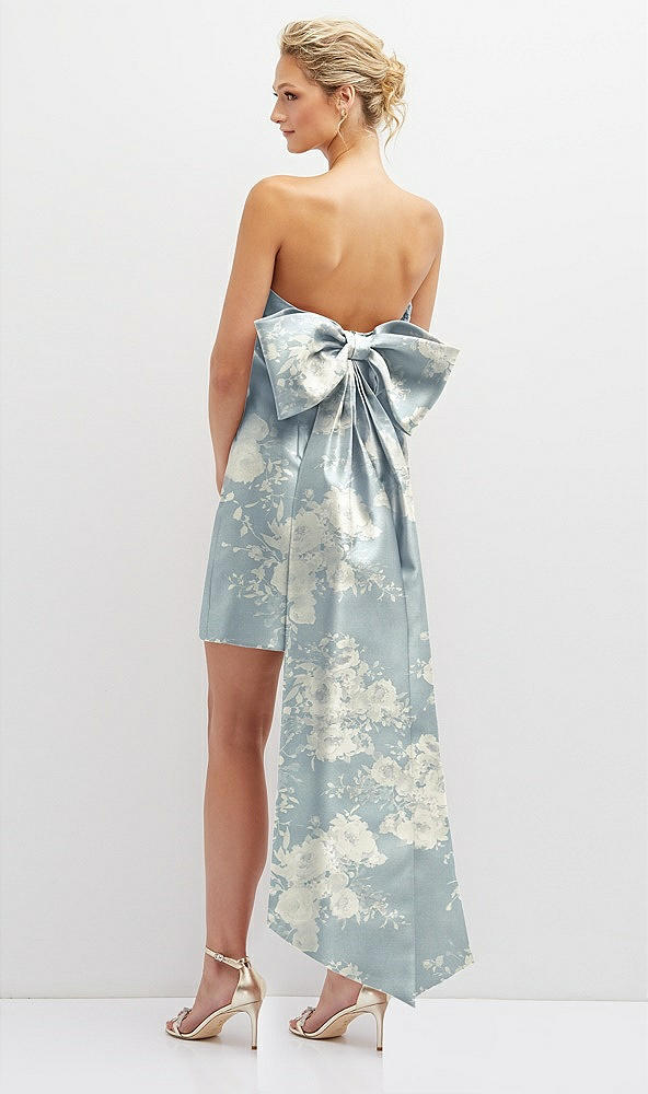 Back View - Porcelain Blue Seraphina Floral Floral Strapless Satin Column Mini Dress with Oversized Bow