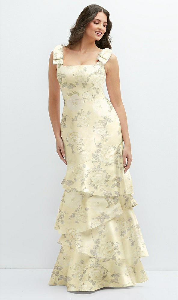 Front View - Butter Yellow Floral Floral Bow-Shoulder Satin Maxi Dress with Asymmetrical Tiered Skirt
