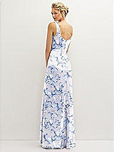 Rear View Thumbnail - Magnolia Sky Floral Square-Neck Satin A-line Maxi Dress with Front Slit