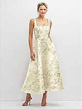 Front View Thumbnail - Butter Yellow Floral Floral Square Neck Satin Midi Dress with Full Skirt & Pockets